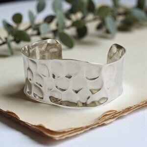 18K White Gold Plated Hammered Cuff Bracelet Stainless Steel Chunky Statement